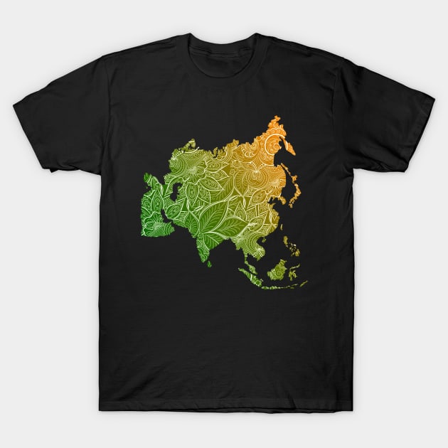 Colorful mandala art map of Asia with text in green and orange T-Shirt by Happy Citizen